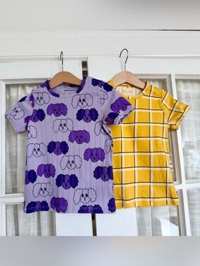 Mini Rodini Purple Puppy Print & Yellow Plaid Kids Tees (Pair)